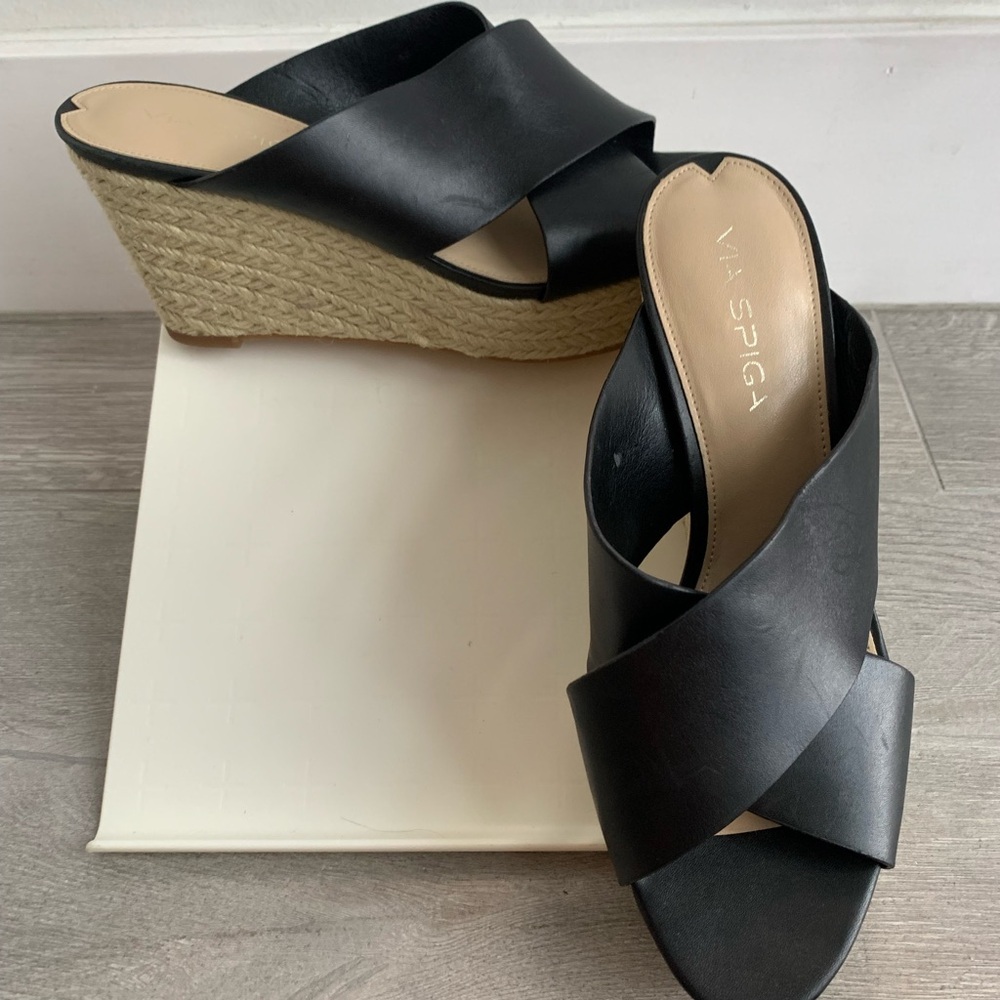 Via Spiga Black Leather Espadrille Sandal Wedges 8M - Picture 9 of 11